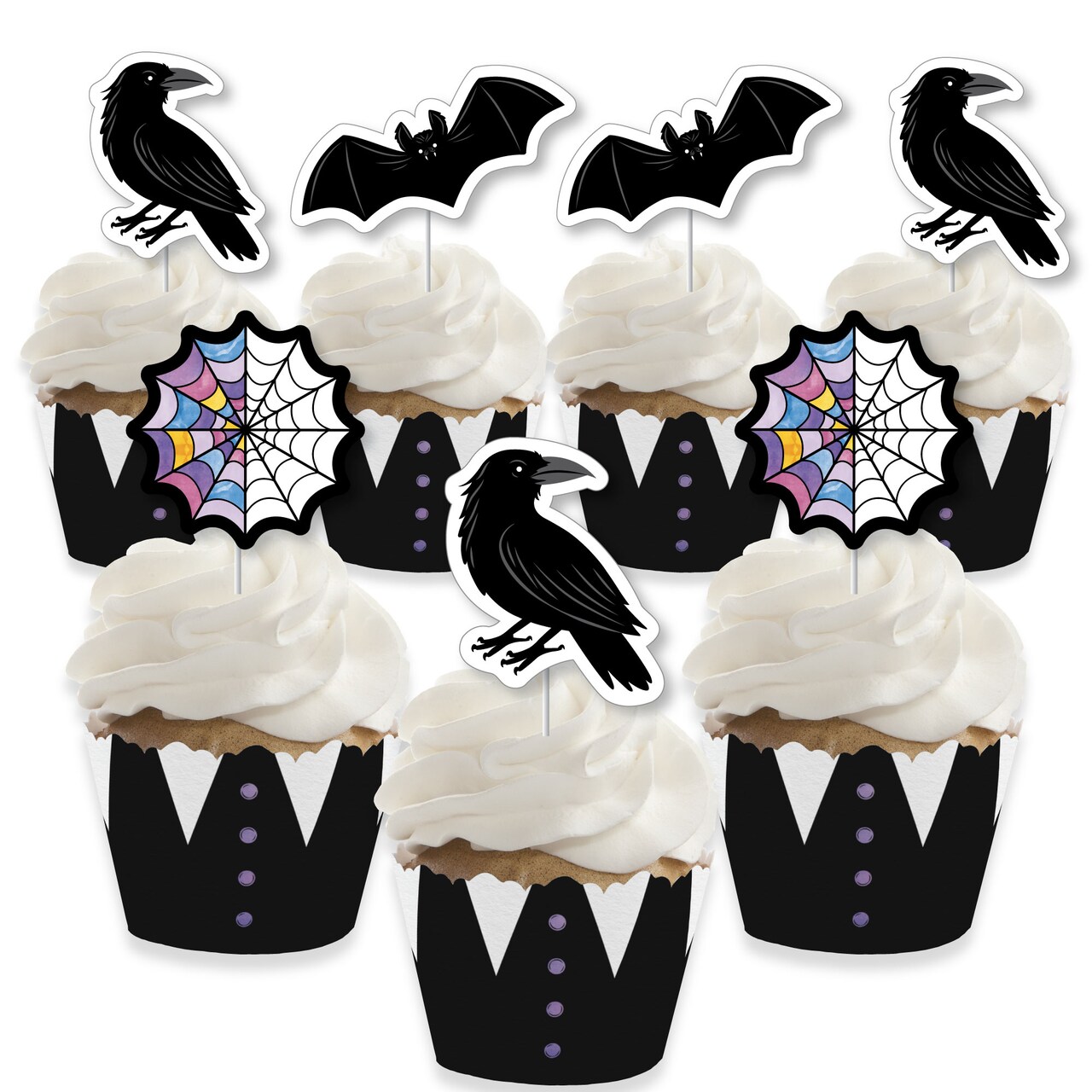 Big Dot of Happiness Goth Girl Cupcake Decoration Kit, Black & Purple Halloween or Gothic Birthday Party Cupcake Wrappers and Treat Picks - Set of 24